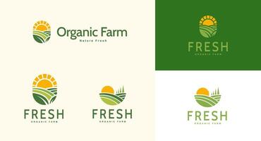 Fazenda panorama logotipo conjunto dentro plano projeto, conceito do crescendo orgânico cultivo e gado, ótimo escolha para agronegócio e local Fazenda vetor