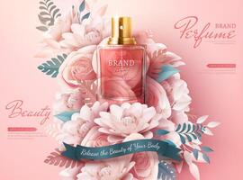 perfume Publicidades com luz Rosa papel flores dentro 3d ilustração vetor