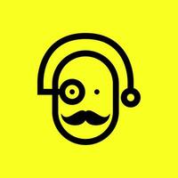 velho homem bigode fofa círculo linha estilo audição música fone de ouvido mascote desenho animado logotipo Projeto vetor ícone ilustração