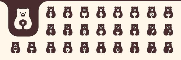 Urso fofa plano mascote mínimo ícone coleção conjunto logotipo Projeto vetor