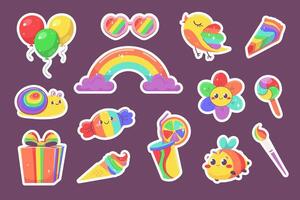 conjunto do fofa arco Iris adesivos para crianças. arco-íris, arco Iris abelha, doces, flores, presente, pendão, balões. vetor ilustração dentro plano estilo