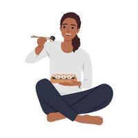 feliz jovem mulher sentar em chão comendo Sushi com pauzinhos. vetor