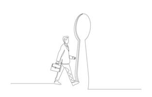 contínuo 1 linha desenhando do homem de negocios caminhando para dentro buraco da fechadura, o negócio segredo conceito, solteiro linha arte. vetor