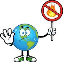 triste terra globo desenho animado personagem gesticulando Pare e segurando uma fogo restrito placa vetor
