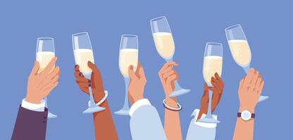 conjunto do diferente mãos do homens e mulheres segurando óculos do champanhe. celebração conceito. vetor plano ilustração