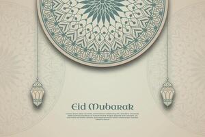 uma poster para eid Mubarak com uma padronizar do lanterna e mandala em uma bege fundo. vetor