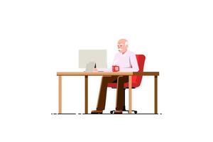 feliz velho homem usando computador com vermelho caneca em isolado fundo, vetor ilustração.