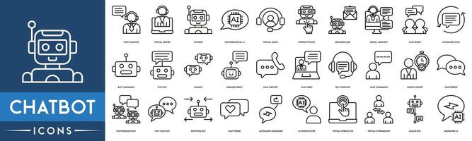 chatbot ícone definir. incluído a ícones Como bate-papo assistente, virtual ajudante, ai chatbot, Mensagens robô, automatizado bater papo, mensagem robô, conversação robô, bate-papo amigo, diálogo robô e mensageiro ai vetor