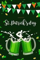 vertical st. patrick's dia bandeira com verde Cerveja canecas. uma torrada para Boa sorte. confete, bandeiras, trevo e ouro moedas estão tradicional elementos do a irlandês nacional feriado. vetor ilustração.