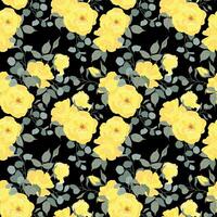 desatado vetor padronizar com amarelo rosas e folhas. floral padronizar para papel de parede ou tecido, têxtil. verão flores e verde folhagem em uma Preto fundo.