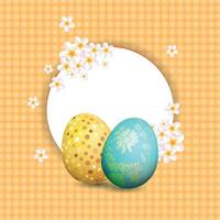 feliz Páscoa amarelo fundo com realista dourado brilho decorado ovos e flores vetor