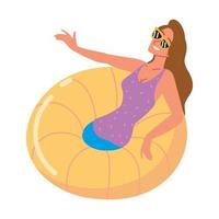 mulher flutuando em anel inflável vetor