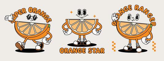 laranja retro mascote com mão e pé. fruta retro desenho animado adesivos com engraçado quadrinho personagens e com luva mãos. vetor