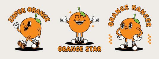 laranja retro mascote com mão e pé. fruta retro desenho animado adesivos com engraçado quadrinho personagens e com luva mãos. vetor