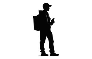 Entrega homem carregando caixa silhueta isolado em uma branco fundo, correio serviço levar uma pacote Preto vetor
