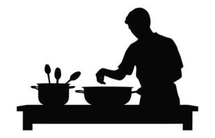 homens preparando Comida dentro cozinha Preto clipart, homem cozinhando silhueta vetor isolado em uma branco fundo