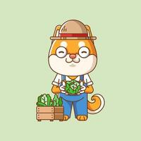 fofa Shiba inu cachorro agricultores colheita fruta e legumes desenho animado animal personagem mascote ícone plano estilo ilustração conceito vetor