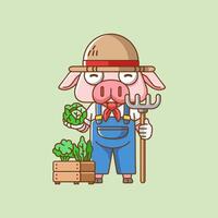 fofa porco agricultores colheita fruta e legumes desenho animado animal personagem mascote ícone plano estilo ilustração conceito vetor