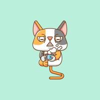 fofa gato relaxar com uma copo do café desenho animado animal personagem mascote ícone plano estilo ilustração conceito vetor