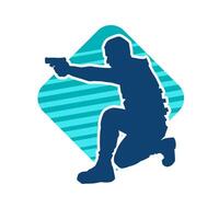 silhueta do uma masculino atirador vestindo a prova de balas colete dentro açao pose usando mão arma de fogo arma vetor