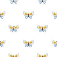 desatado vetor fundo com uma recorrente padronizar do azul borboletas em uma branco fundo. a borboleta é azul com amarelo padrões e listras. adequado para invólucro papel, papel de parede, têxteis.