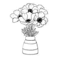 anêmonas flores silvestres ramalhete dentro cerâmico vaso vetor ilustração. floral tinta desenhando para coloração Páginas e livros