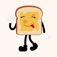 feliz pão fatia desenho animado mascote personagem, engraçado sanduíche desenho animado vintage pão personagem retro estilo pão logotipo vetor ilustração anos 60 Anos 70 pão retro estilo