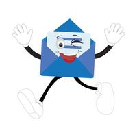envelope desenho animado mascote personagem, desenho animado cupido pontos com uma gesto do mão, retro quadrinho mensagem adesivo, fofa à moda Projeto plano vetor ilustração. eps 10
