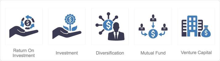 uma conjunto do 5 investimento ícones Como investimento, diversificação, mútuo fundo vetor