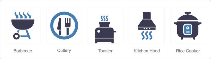 uma conjunto do 5 casa utensílio ícones Como churrasco, talheres, torradeira vetor