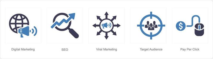 uma conjunto do 5 digital marketing ícones Como digital marketing, SEO, viral marketing vetor