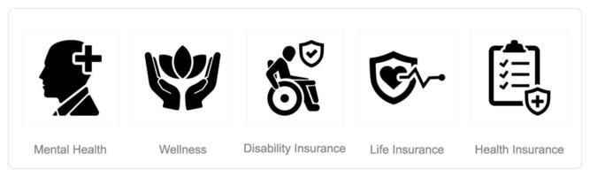 uma conjunto do 5 empregado benefícios ícones Como mental saúde, bem-estar, incapacidade seguro vetor