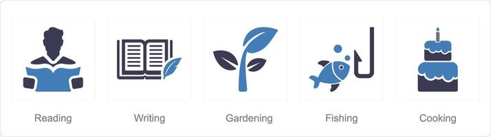 uma conjunto do 5 passatempo ícones Como leitura, escrita, jardinagem vetor