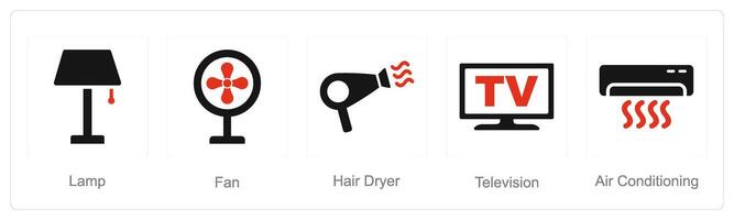 uma conjunto do 5 casa utensílio ícones Como lâmpada, fã, cabelo secador vetor
