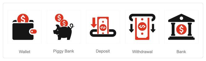 uma conjunto do 5 finança ícones Como carteira, porquinho banco, depósito vetor
