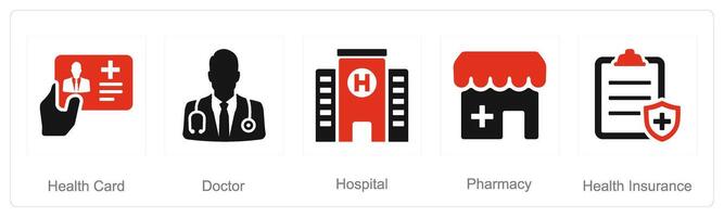 uma conjunto do 5 saúde checar ícones Como saúde cartão, doutor, hospital vetor