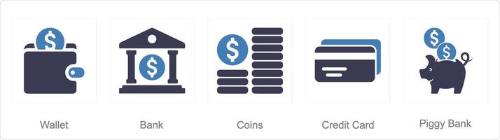 uma conjunto do 5 finança ícones Como carteira, banco, moedas vetor