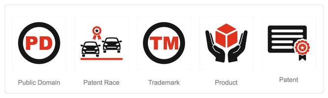 uma conjunto do 5 intelectual propriedade ícones Como público domínio, patente corrida, marca comercial vetor