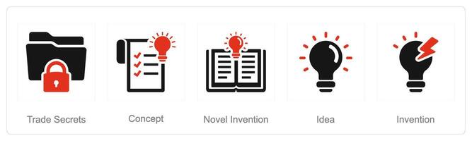 uma conjunto do 5 intelectual propriedade ícones Como comércio segredos, romance invenção, idéia vetor
