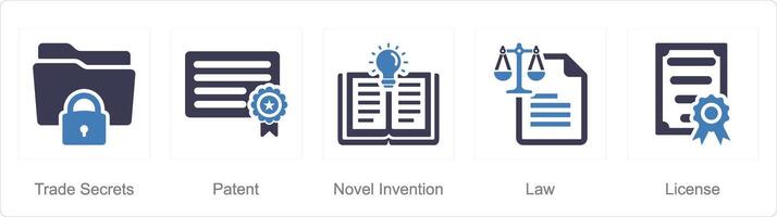 uma conjunto do 5 intelectual propriedade ícones Como comércio segredos, patente, romance invenção vetor