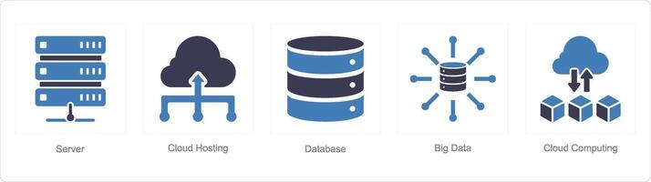 uma conjunto do 5 dados análise ícones Como servidor, nuvem hospedagem, base de dados vetor