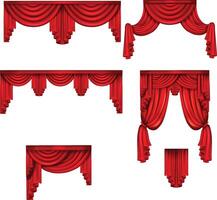 vermelho cortinas. conjunto realista luxo cortina cornija decoração doméstico tecido interior cortinas têxtil vetor
