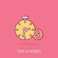 Tempo é dinheiro ícone dentro quadrinho estilo. relógio com dólar desenho animado vetor ilustração em isolado fundo. moeda respingo efeito o negócio conceito.