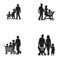 família com compras. compras cartão ícone. Preto em branco fundo. vetor ilustração