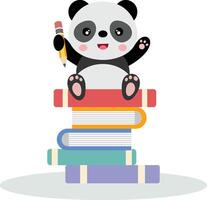 fofa panda aluna segurando lápis em topo do livros vetor