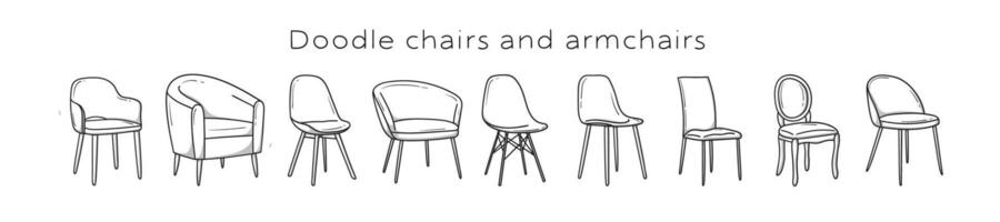 uma conjunto do cadeiras e poltronas desenhado dentro uma rabisco esboço. vetor ilustração.