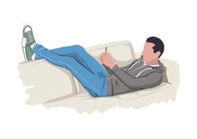 uma homem goza dele telefone enquanto relaxante em a sofá. plano estilo vetor ilustração