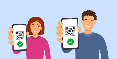 homem e mulher com código qr na tela do smartphone na mão vetor