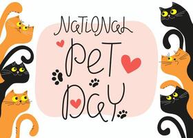 quadro, Armação fofa desenho animado gatos. nacional animal dia. 11 abril. inscrição, rotulação. pegada, animal pata imprimir. feriado social meios de comunicação postar e cartão. notificação bandeira conceito vetor Ilust