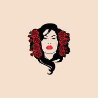 lindo glamour lindo menina cabeça e vermelho flor conceito logotipo vetor ilustração